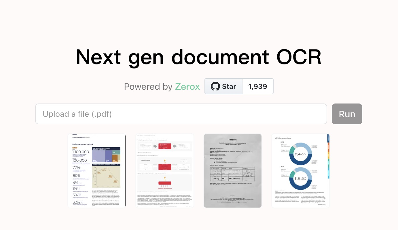 10月19日 Zerox ：一个简单易用的GPT OCR 工具 可将 PDF、DOCX 等文件转换为 Markdown 格式
